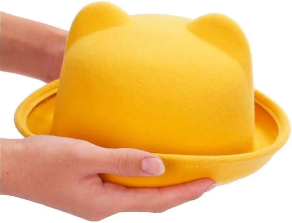 2025 Vintage Wool Felt Bowler Hat Women Cute Cat Ears Fedora Hat Round Dome Cap Classic Derby Hat Church Cloche Hat