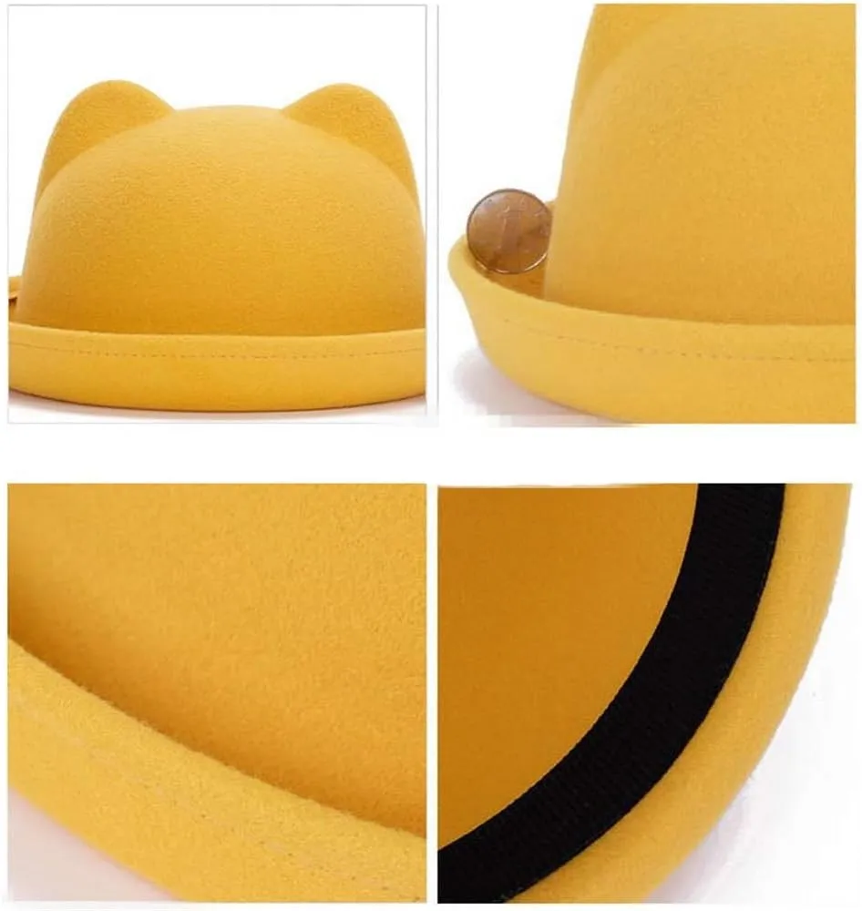 2025 Vintage Wool Felt Bowler Hat Women Cute Cat Ears Fedora Hat Round Dome Cap Classic Derby Hat Church Cloche Hat