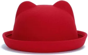 2025 Vintage Wool Felt Bowler Hat Women Cute Cat Ears Fedora Hat Round Dome Cap Classic Derby Hat Church Cloche Hat