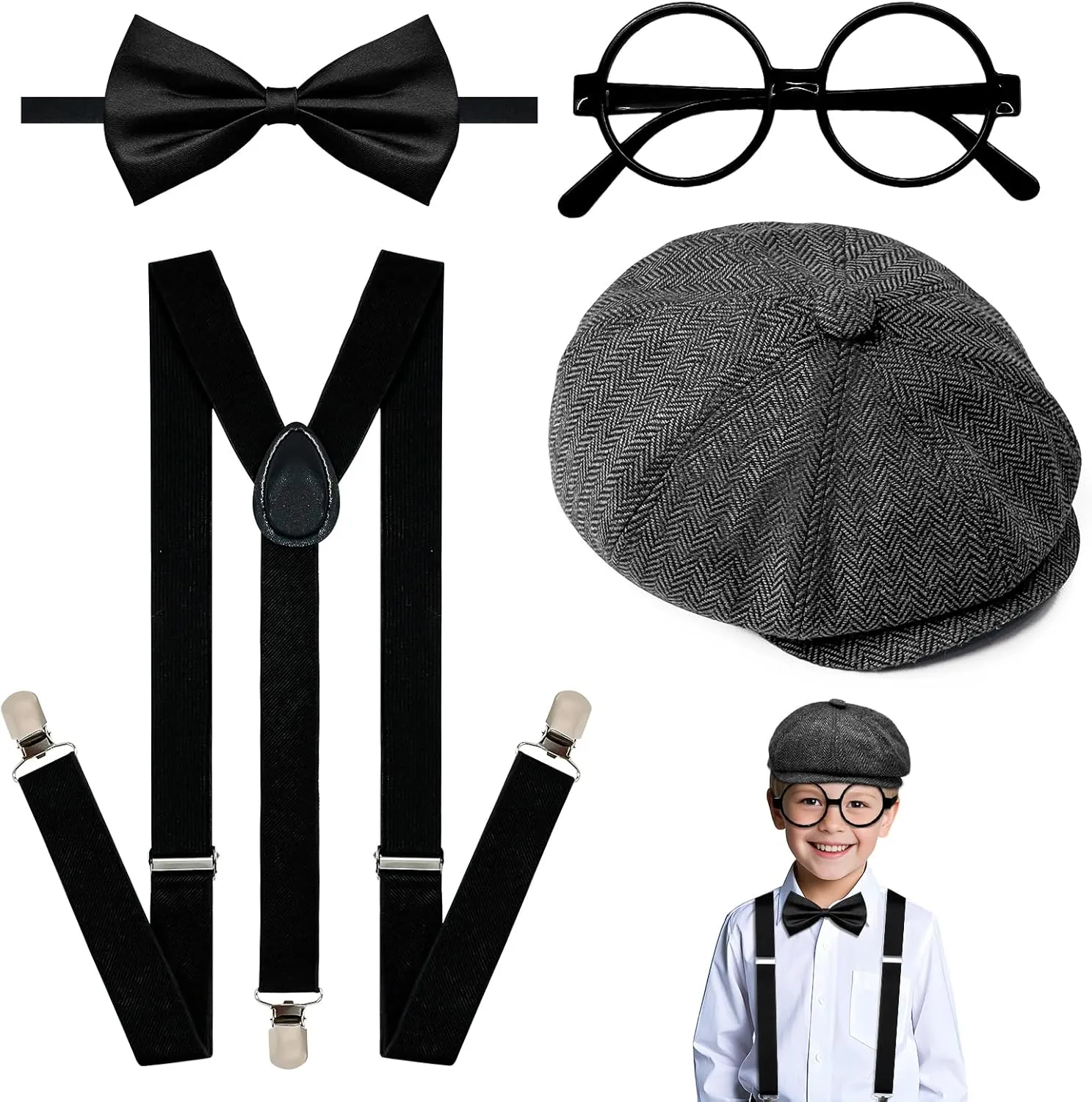 4Pcs Kids Boys Suspenders Bowtie Sets - Adjustable Y-Back Suspender with Silk Bowtie, Black Glasses, Vintage Newsboy Cap for Boys Wedding 1920s Costume Accessories(1-10 Years Old)