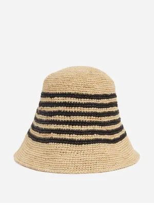 Beige and black striped raffia hat