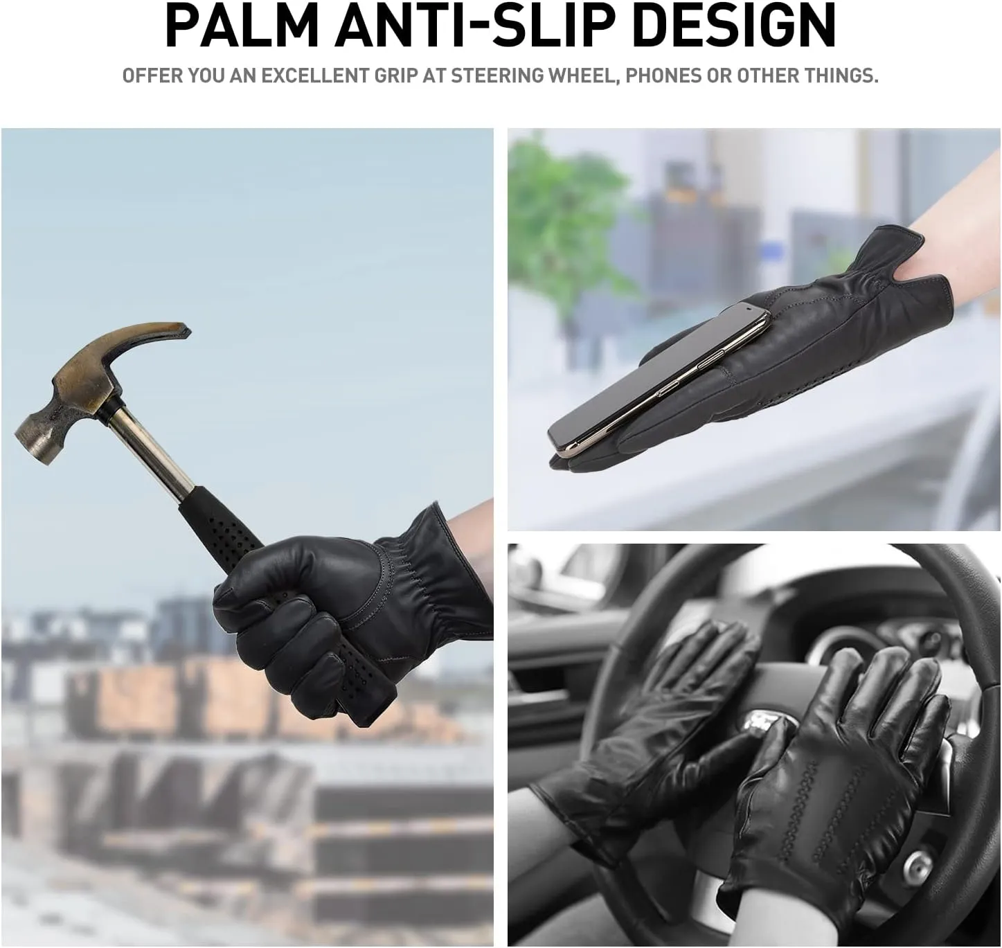 BISON DENIM Winter Genuine Sheepskin Leather Gloves for Men, Touchscreen Texting Warm Cashmere Lined Gloves for Driving