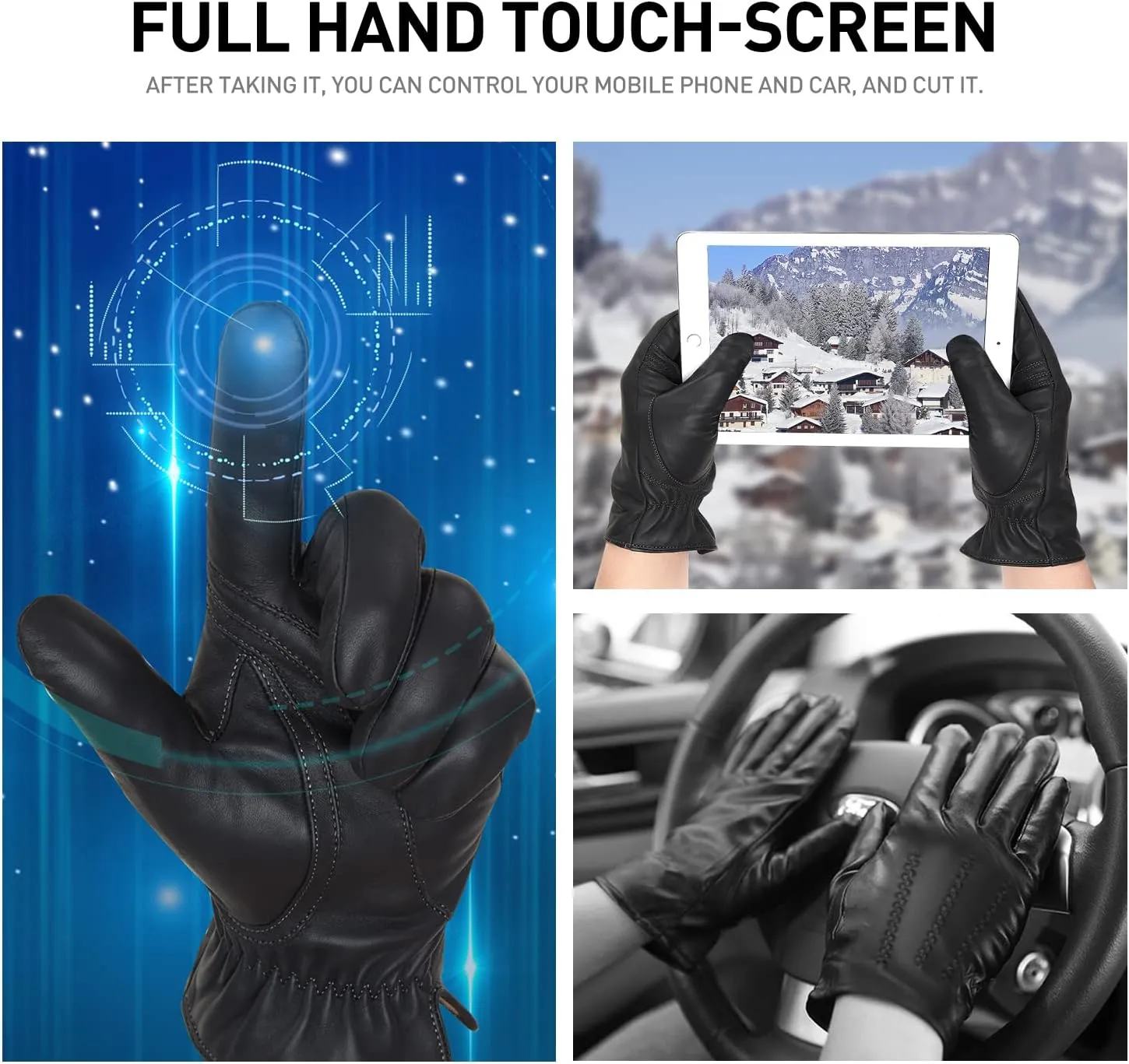 BISON DENIM Winter Genuine Sheepskin Leather Gloves for Men, Touchscreen Texting Warm Cashmere Lined Gloves for Driving
