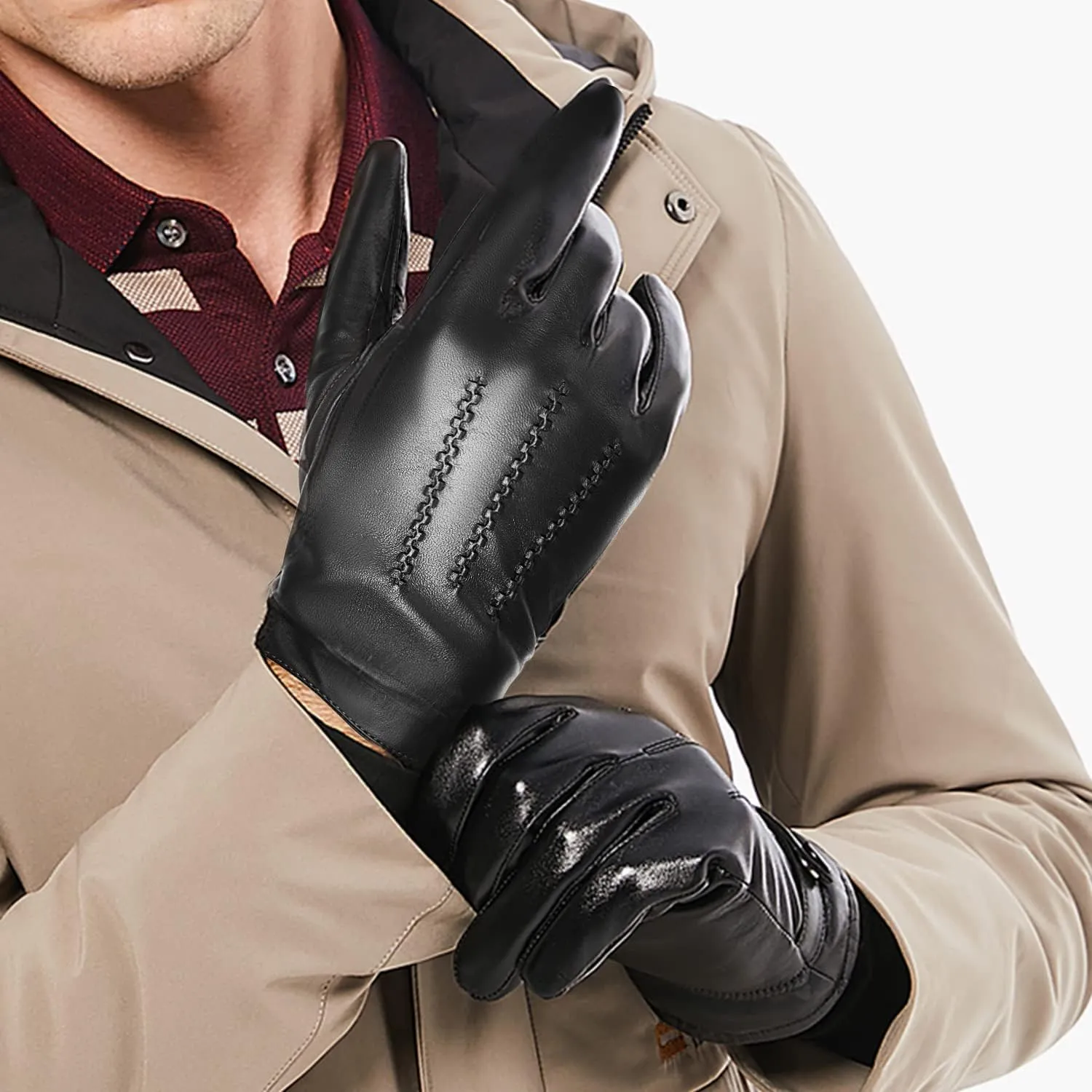 BISON DENIM Winter Genuine Sheepskin Leather Gloves for Men, Touchscreen Texting Warm Cashmere Lined Gloves for Driving