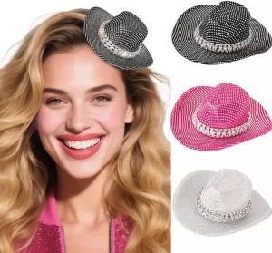 Bohend Mini Western Cowboy Hats Glitter Cowgirl Hat Hair Clips Disco Party Decors Cosplay Costume Accessories 3Pcs
