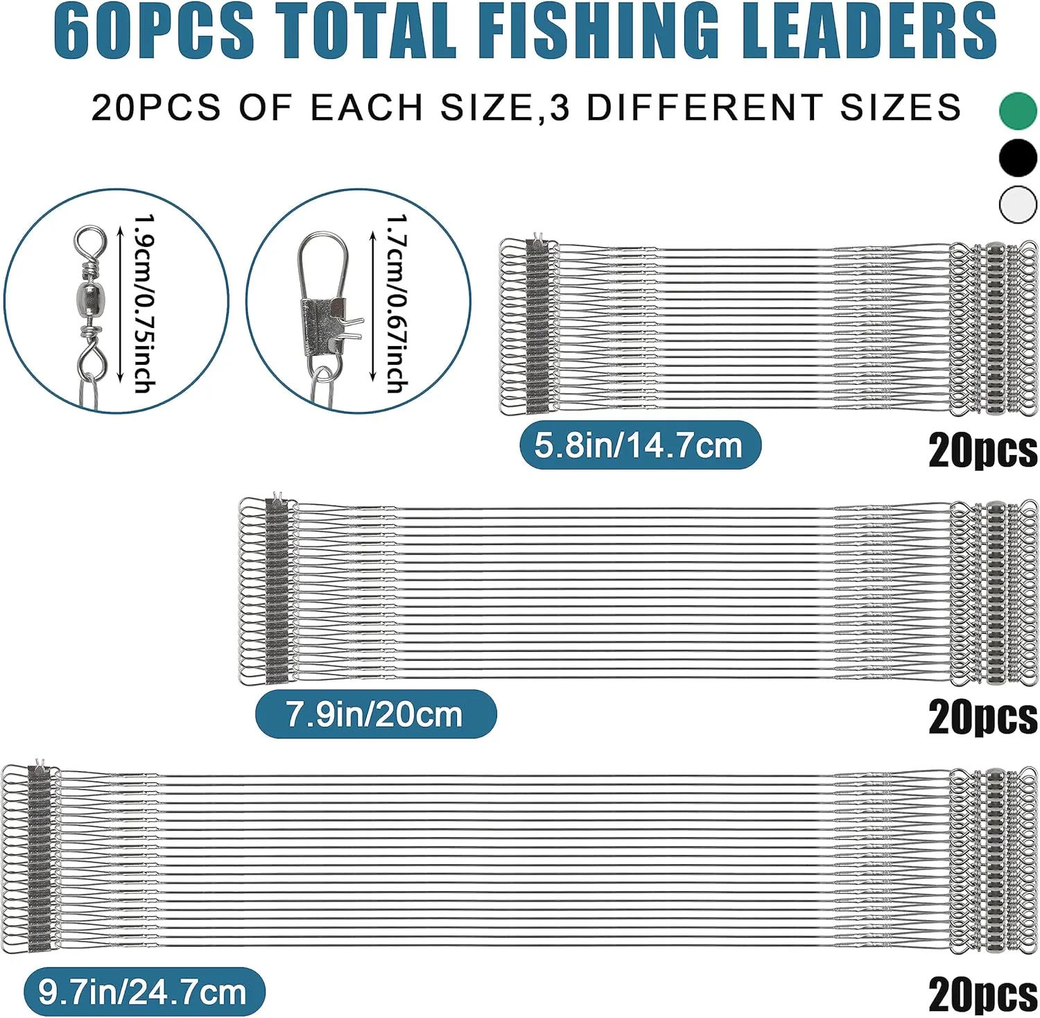 Fishing Leaders Saltwater,60pcs Stainless Steel Wire Leaders with Swivels Snap High Strength Fishing Line Leader for Connect Fishing Tackle Lure Bait Rig Hooks,6/8/10inch