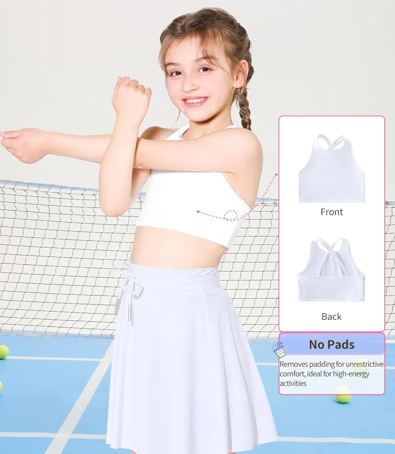 Girls Training Bra Scoop Neck Sports Bra for Teens Kids Strappy Back Dance Yoga Crop Tops