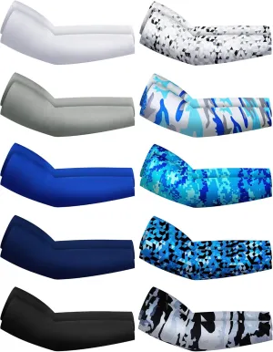Hicarer 10 Pair Arm Sleeves Cooling Sleeves Sun Protection UV Sports Compression Athletic for Men Women Youth Basketball Baseball Summer (Blue Series, Novel Camo)