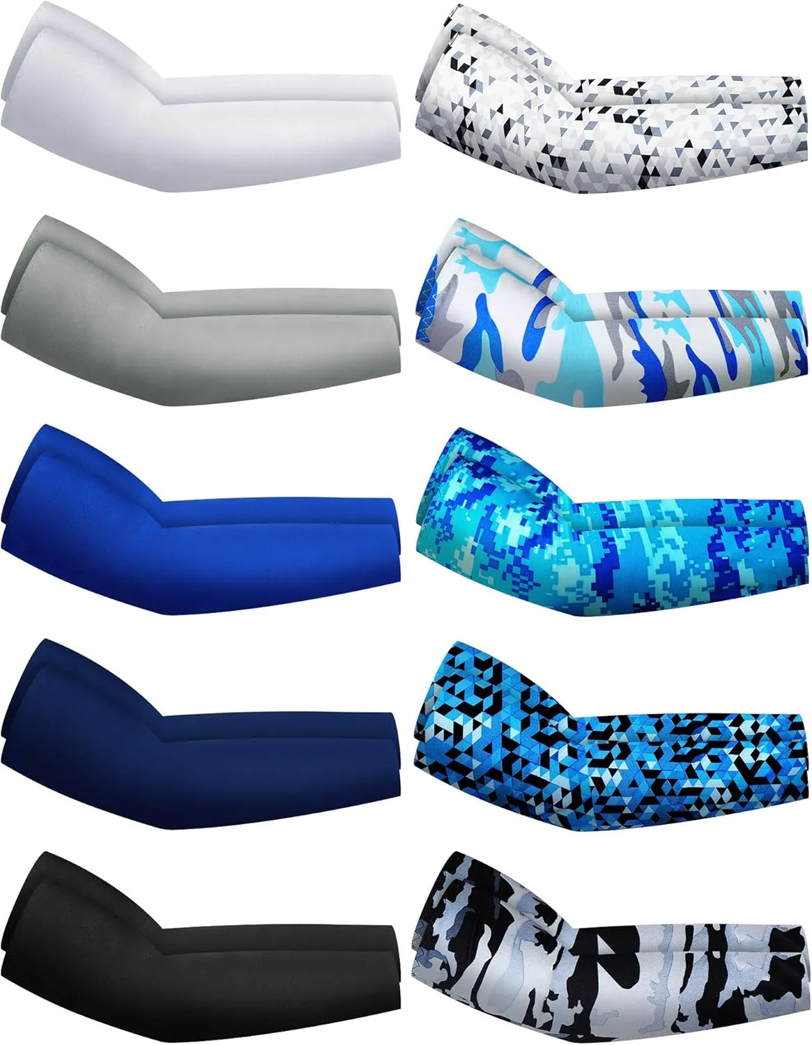 Hicarer 10 Pair Arm Sleeves Cooling Sleeves Sun Protection UV Sports Compression Athletic for Men Women Youth Basketball Baseball Summer (Blue Series, Novel Camo)