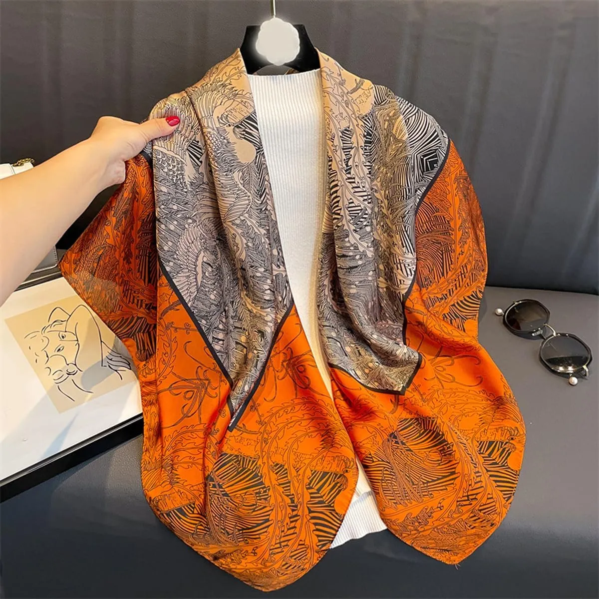 K-Elewon Large Square Scarf 43" Silk Scarf Fashion Scarves Silk Feeling Hair Wrapping Scarfs Night Sleeping Headscarf