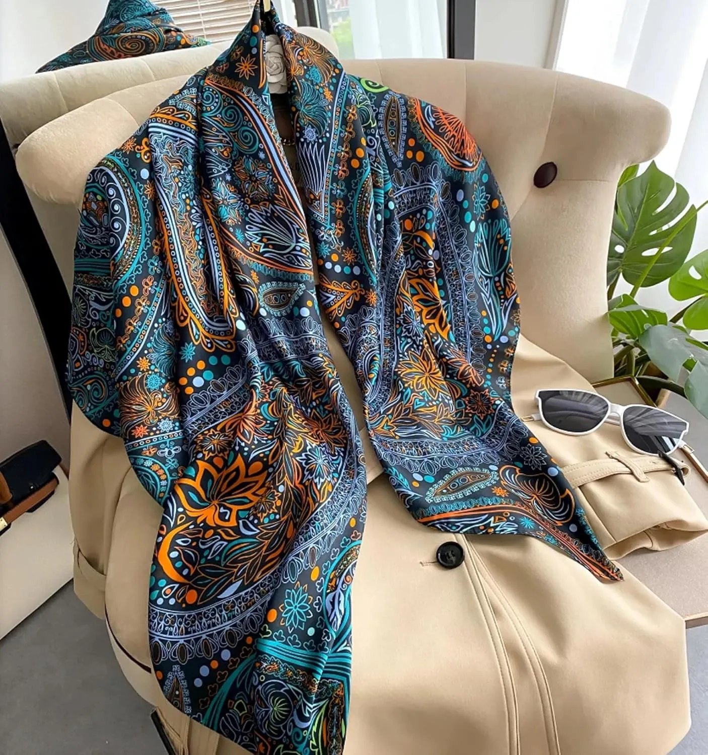 K-Elewon Large Square Scarf 43" Silk Scarf Fashion Scarves Silk Feeling Hair Wrapping Scarfs Night Sleeping Headscarf