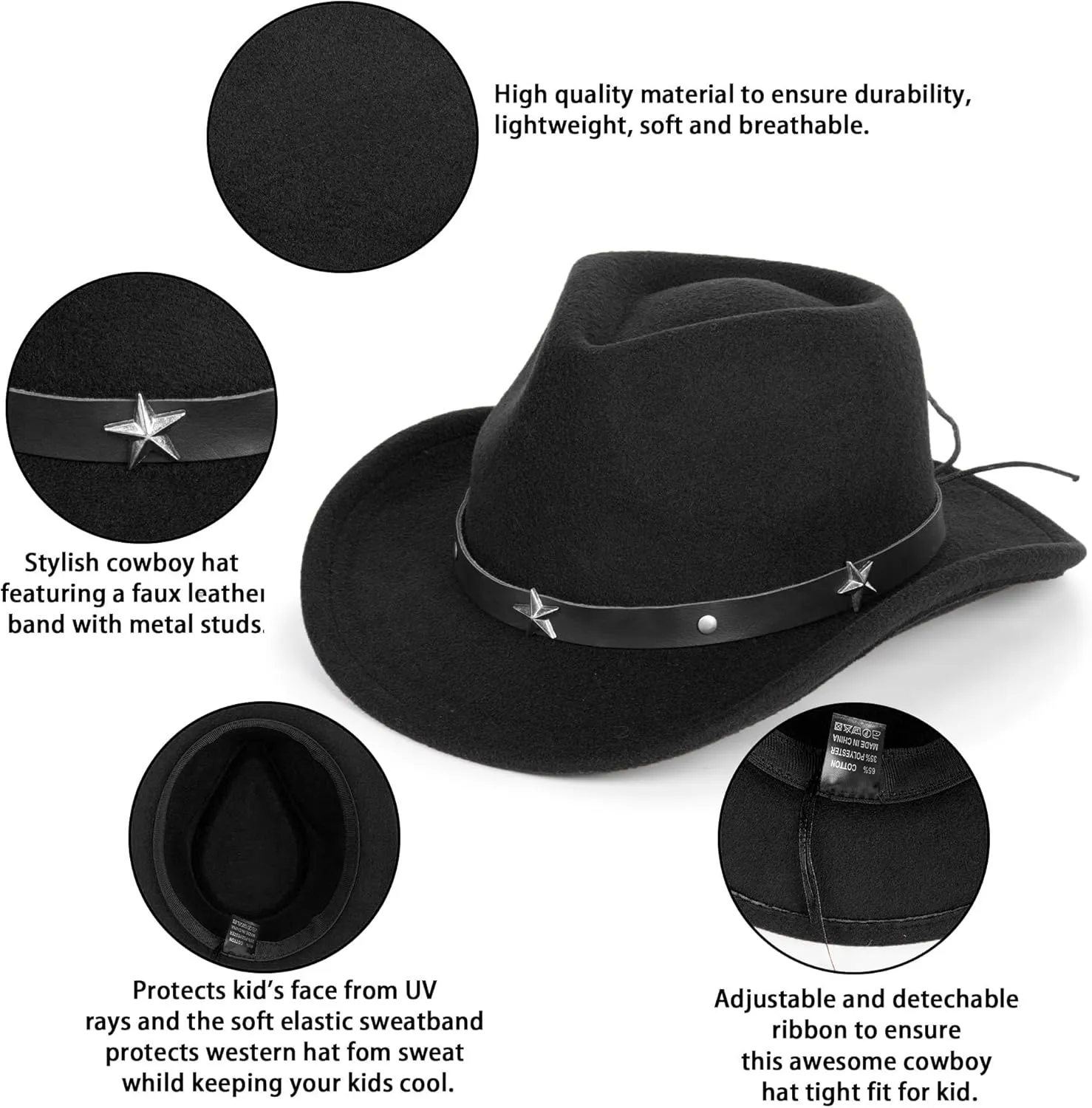 Kid Western Cowboy Hat Felt Cowgirl Fedora Hat with Buckle Belt for Boys Girls 4-8 Years