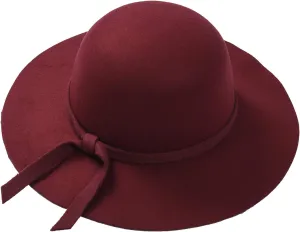 Kids Girls Retro Fedora Hats Solid Color Wide Brim Felt Bowler Floppy Hats Vintage Bow Bucket Caps for Fall Winter
