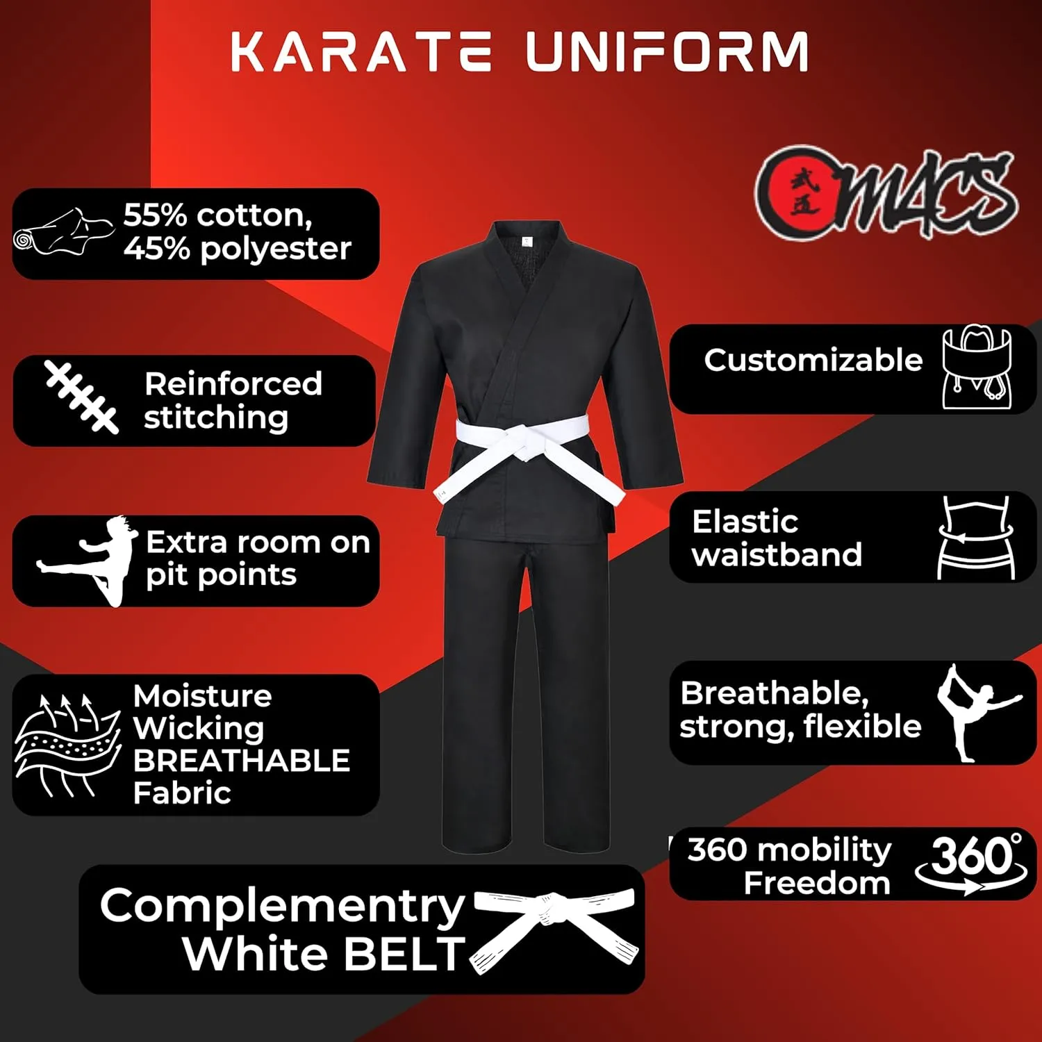 MACS Karate gi Martial Arts Elastic Drawstring Karate Uniform For Kids & Adult Lightweight Student Gi with Free Belt