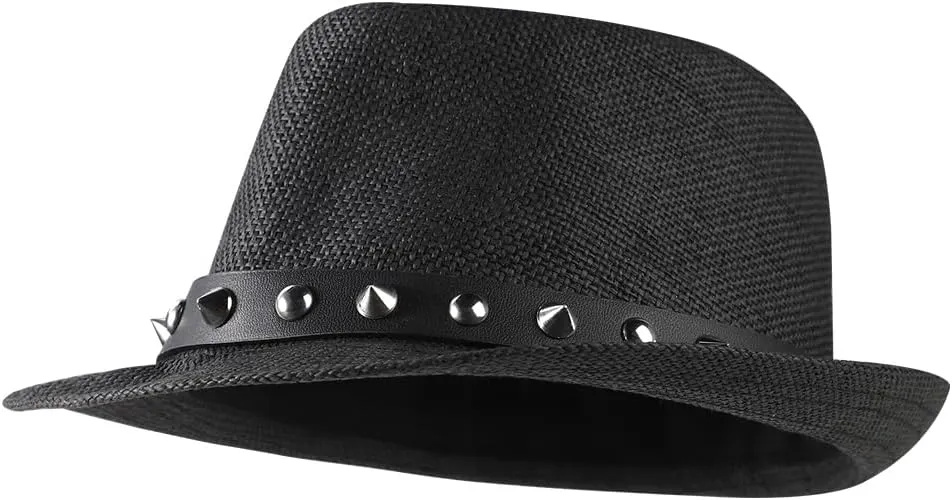 Men Cool Fedoras Summer Trilby Hat with Rivet Beach Straw Panama with Wide Brim Fashion Bowler Punk Jazz Costume Guy Hat