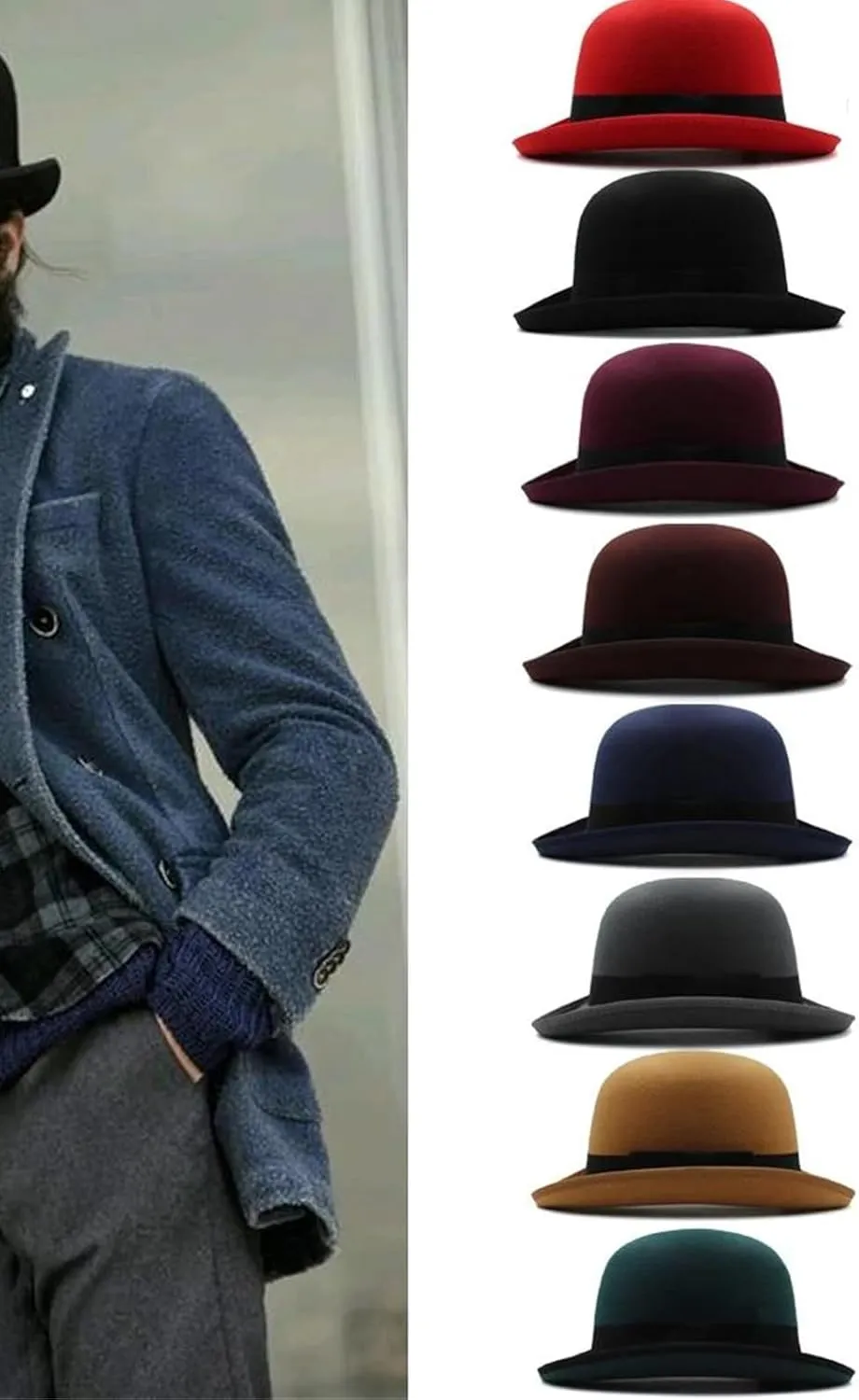 Men Women Wool Blend Oval Top Bowler Hats