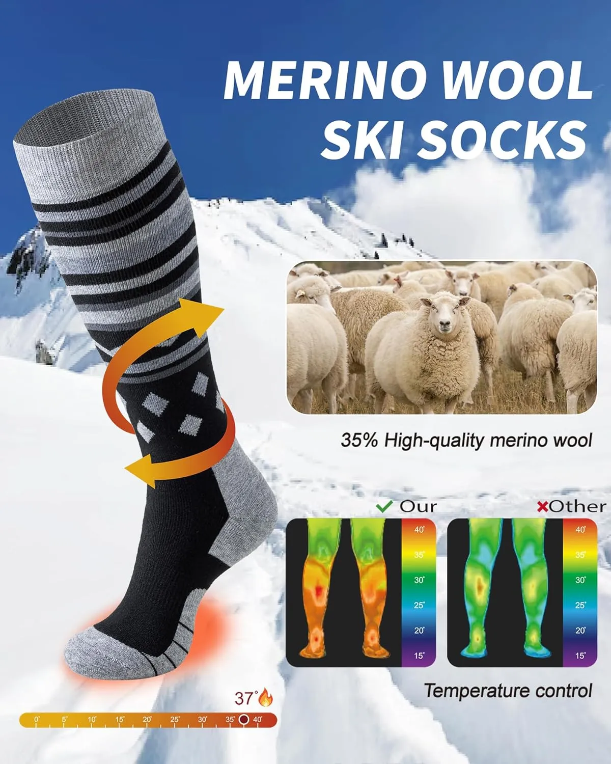 Merino Wool Ski Socks for Men Women, Thick Knee High Thermal Winter Snowboarding Socks with Exquisite Box