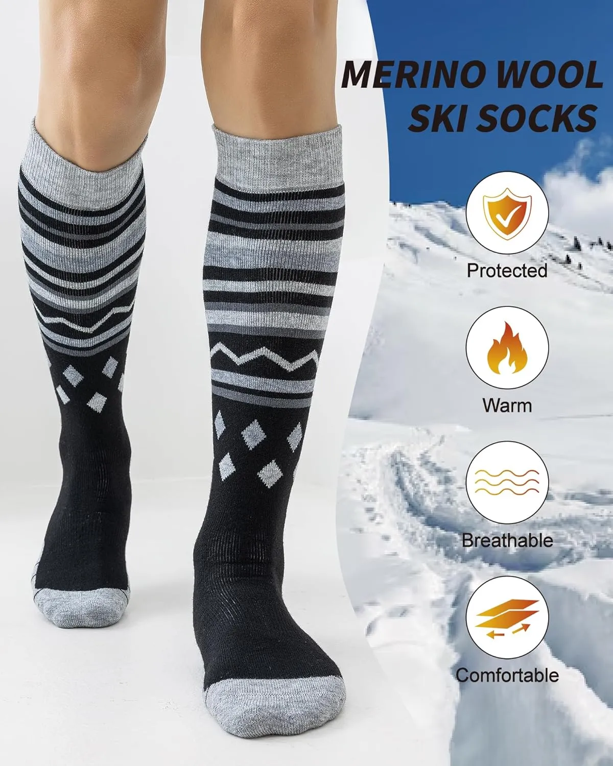 Merino Wool Ski Socks for Men Women, Thick Knee High Thermal Winter Snowboarding Socks with Exquisite Box