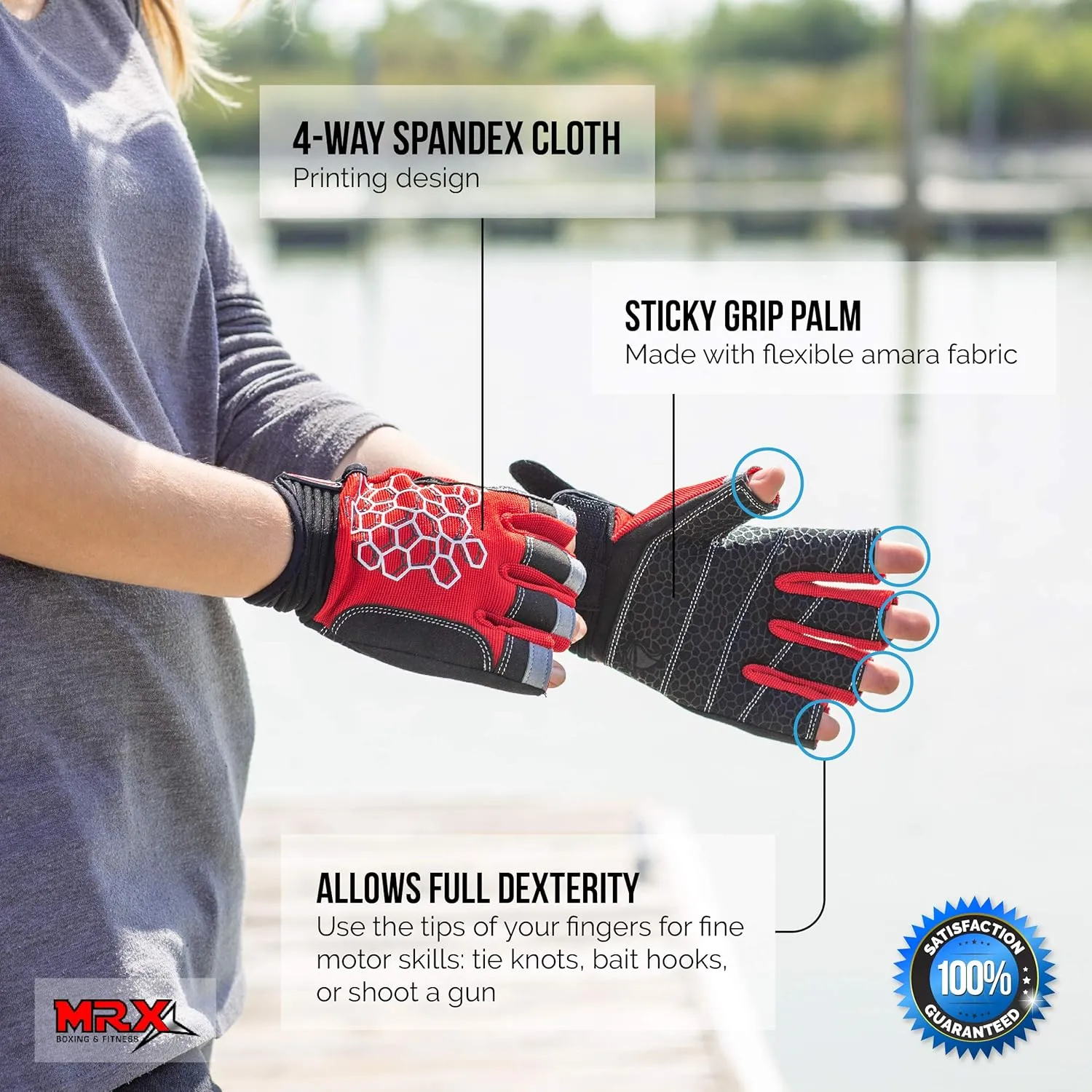 MRX BOXING & FITNESS Sailing Gloves Sticky Palm Gripy Glove Yachting Kayak Dinghy Fishing Short Finger Multi Colors (Black/Red, L)