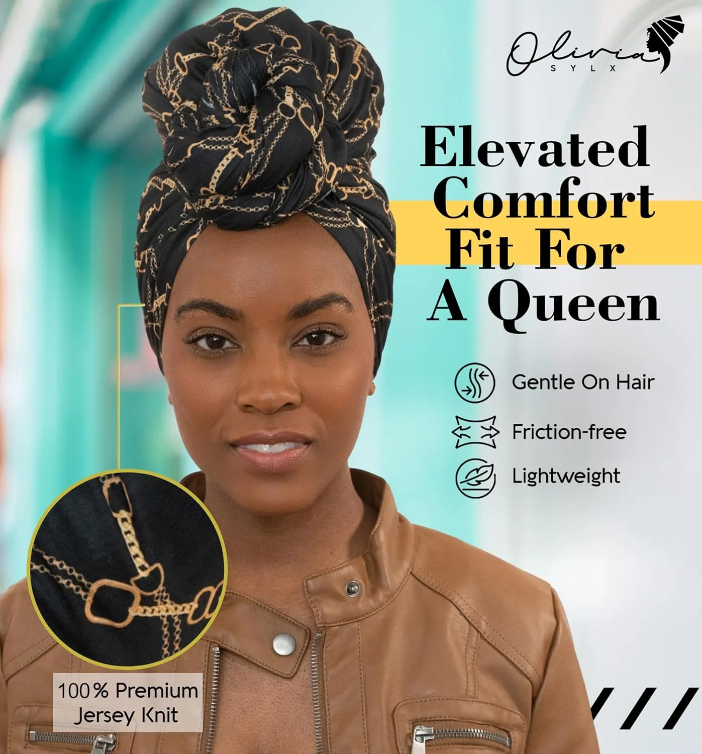 Olivia Sylx African Head Wraps for Black Women, Jersey Scarfs for Women Headwrap, Hair Scarf for Black Women, Soft & Stretchy - Chains