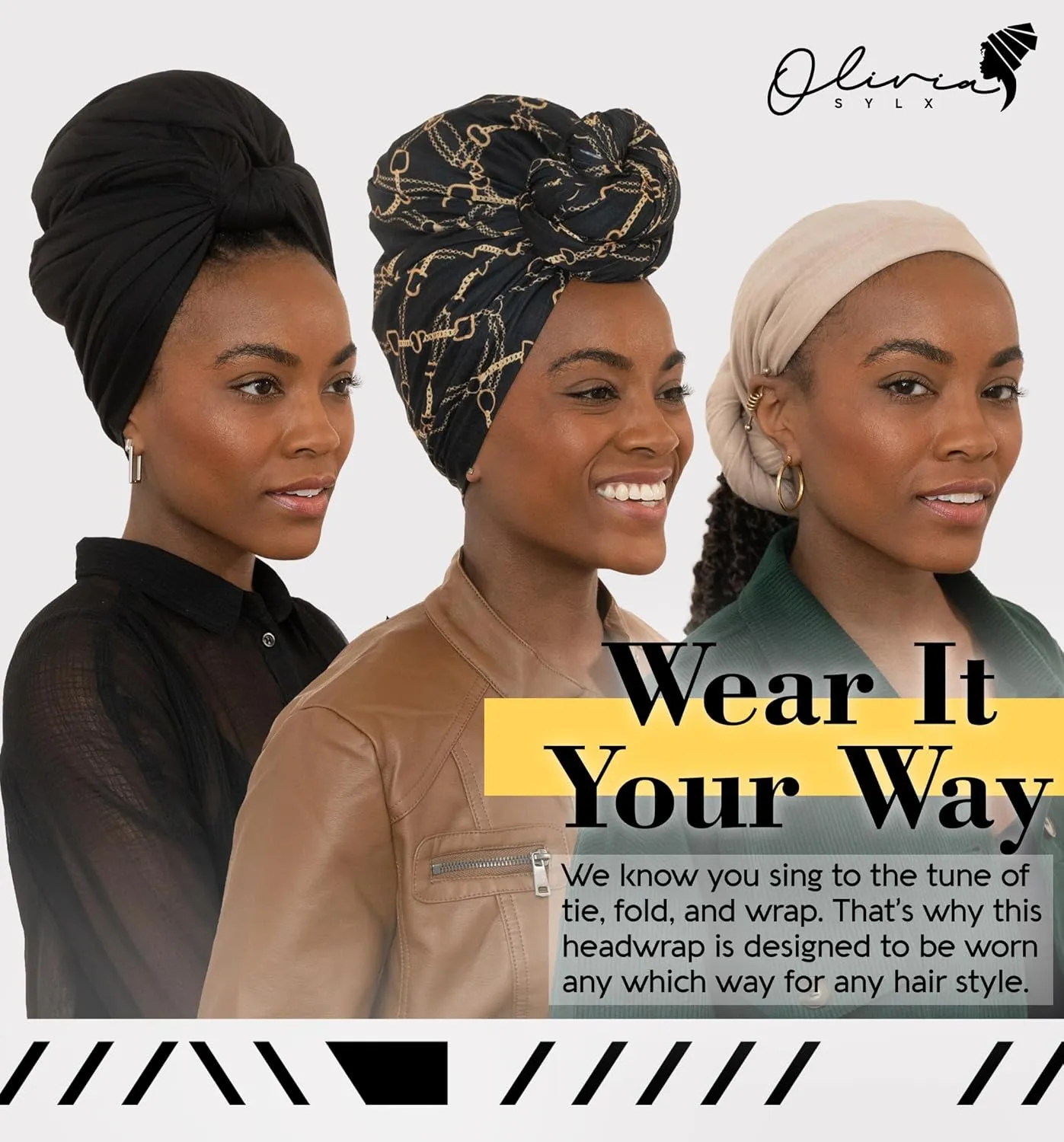 Olivia Sylx African Head Wraps for Black Women, Jersey Scarfs for Women Headwrap, Hair Scarf for Black Women, Soft & Stretchy - Chains
