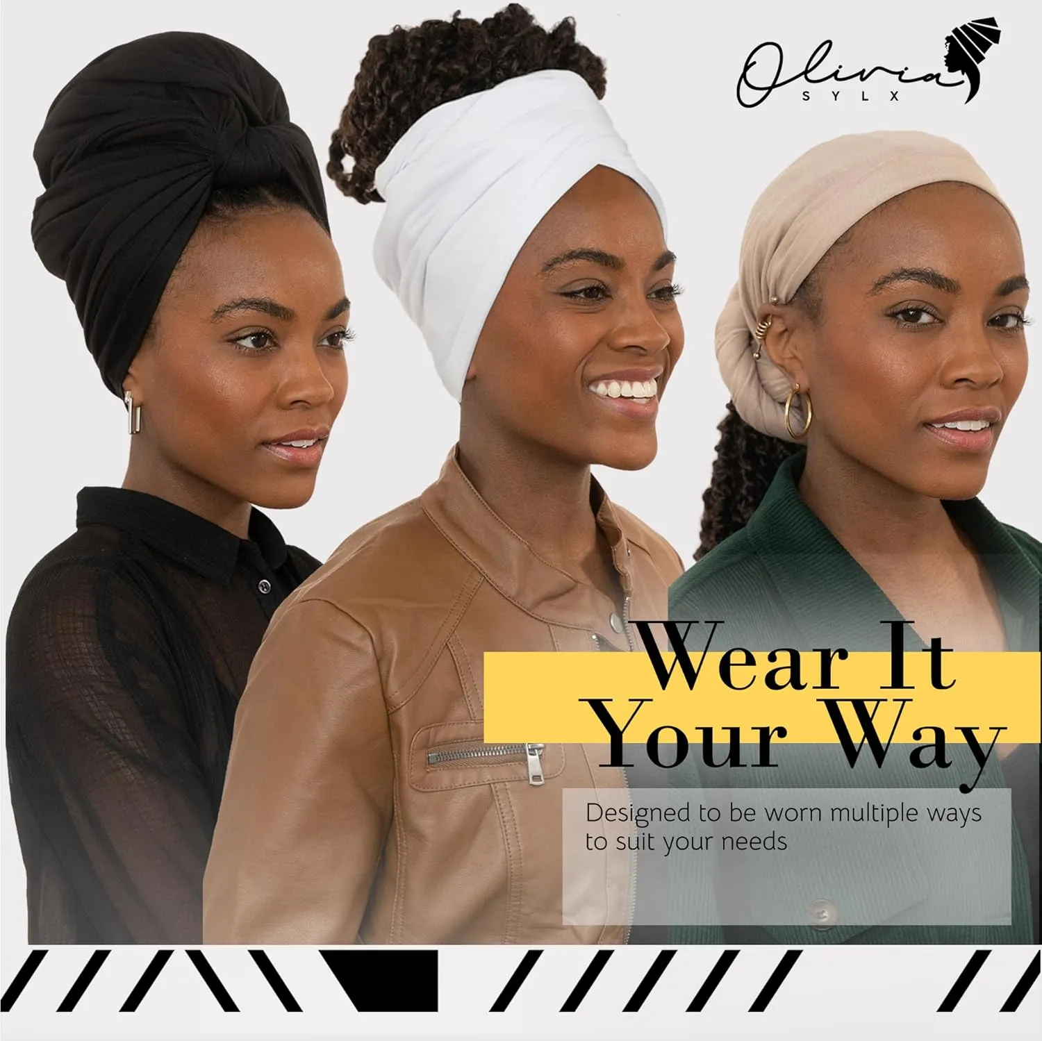 Olivia Sylx African Head Wraps for Black Women - Jersey Scarfs Headwrap Woman Hair Scarf - Soft & Stretchy Ladies Turban Hairtie Scarves Multipack - Set of 6