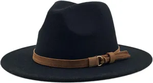 Pulcykp Women's Wool Fedora Hat With Leather Ribbon Winter Autumn Wide-Brimmed Jazz Hat Black 56-58CM