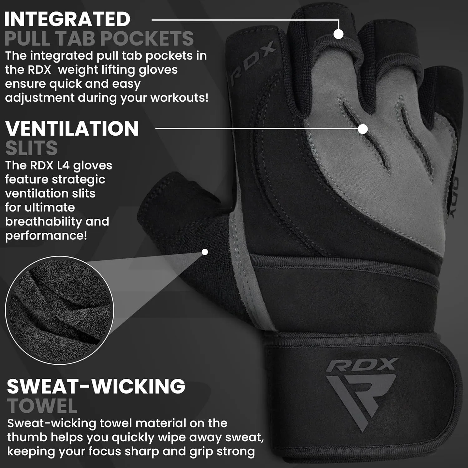 RDX Weight Lifting Workout Gloves with Wrist Support, 50 CM Long Wrist Straps, Anti Slip Padded Palm, Breathable Gym Grip for Fitness Training Powerlifting, Men Women Bodybuilding Exercise