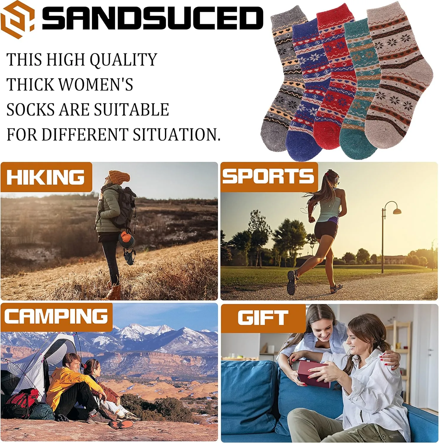 Sandsuced 5 Pack Merino Wool Hiking Socks for Women Warm Winter Thick Thermal Cozy Boot Work Soft Ladies Socks