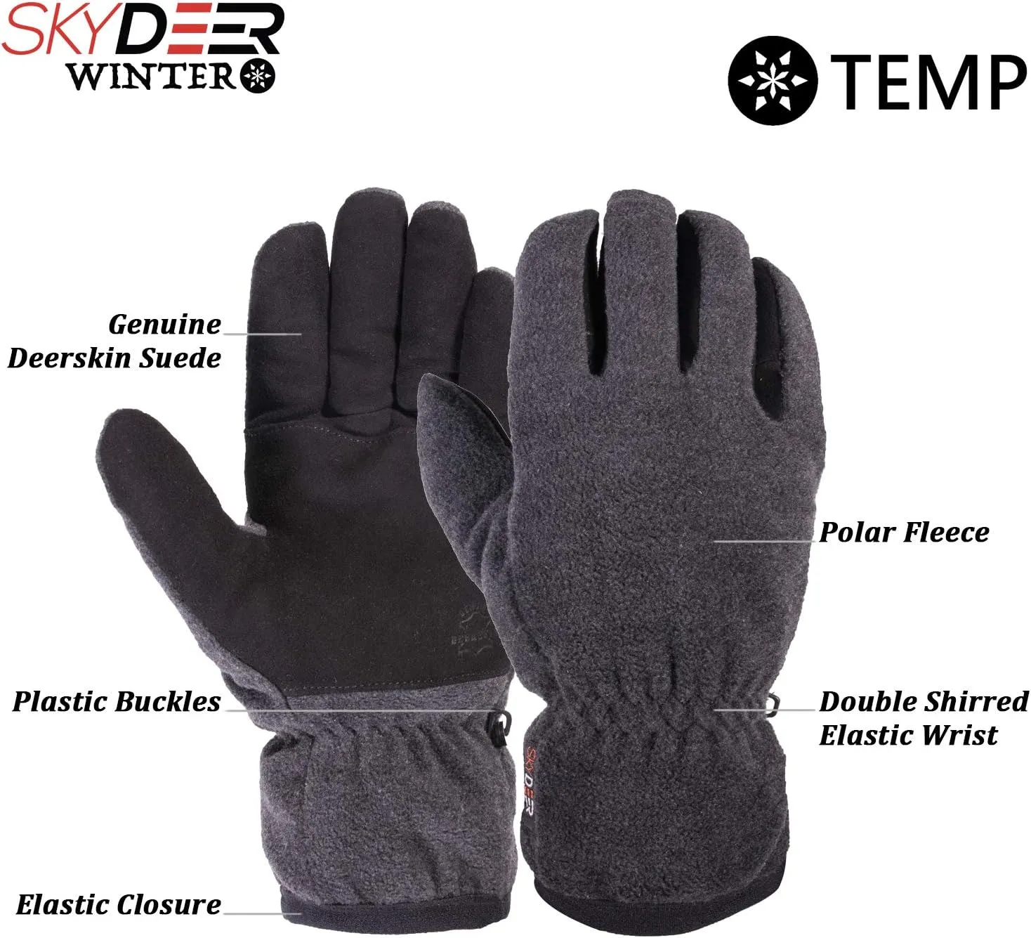 SKYDEER Winter Gloves with Soft Deerskin Suede Leather & Thermal Polar Fleece & Warm 3M Thinsulate Insulation (SD8661T)
