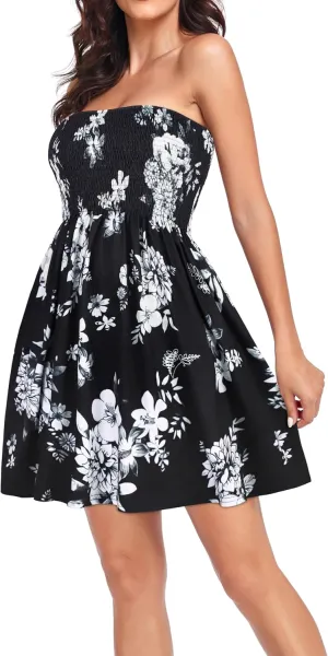 Summer Dress for Women Beach Boho Strapless Cover Ups Off Shoulder Floral Sundresses