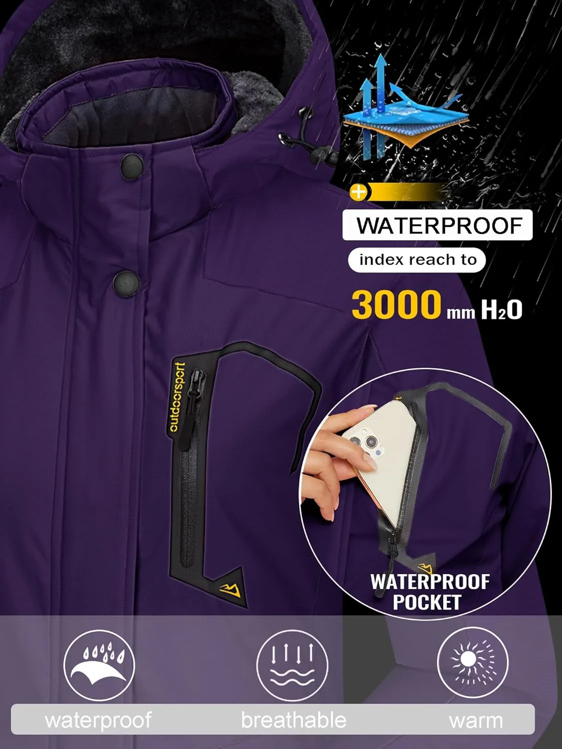 TACVASEN Women's Winter Jacket Waterproof Ski Jacket Hooded Fleece Lined Warm Snow Coat Mountain Windproof Rain Windbreaker