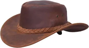 Top-Grain Leather Outback Cowboy Hat (Large)  Unisex Australian Bush Hat with Braided Band & Chin Strap | Vintage Western Rancher Style for Men & Women | Sun & Trail Ready Brown