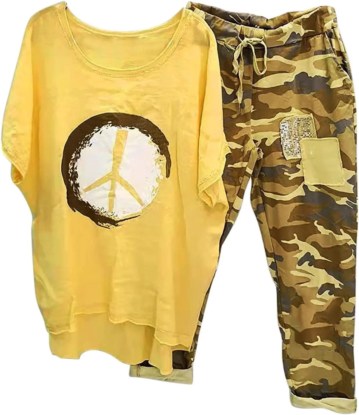 Two Piece Summer Outfits for Women Casual Cotton Linen Sets Oversized T Shirts Camo Capri Pants 2025 Resort Wear