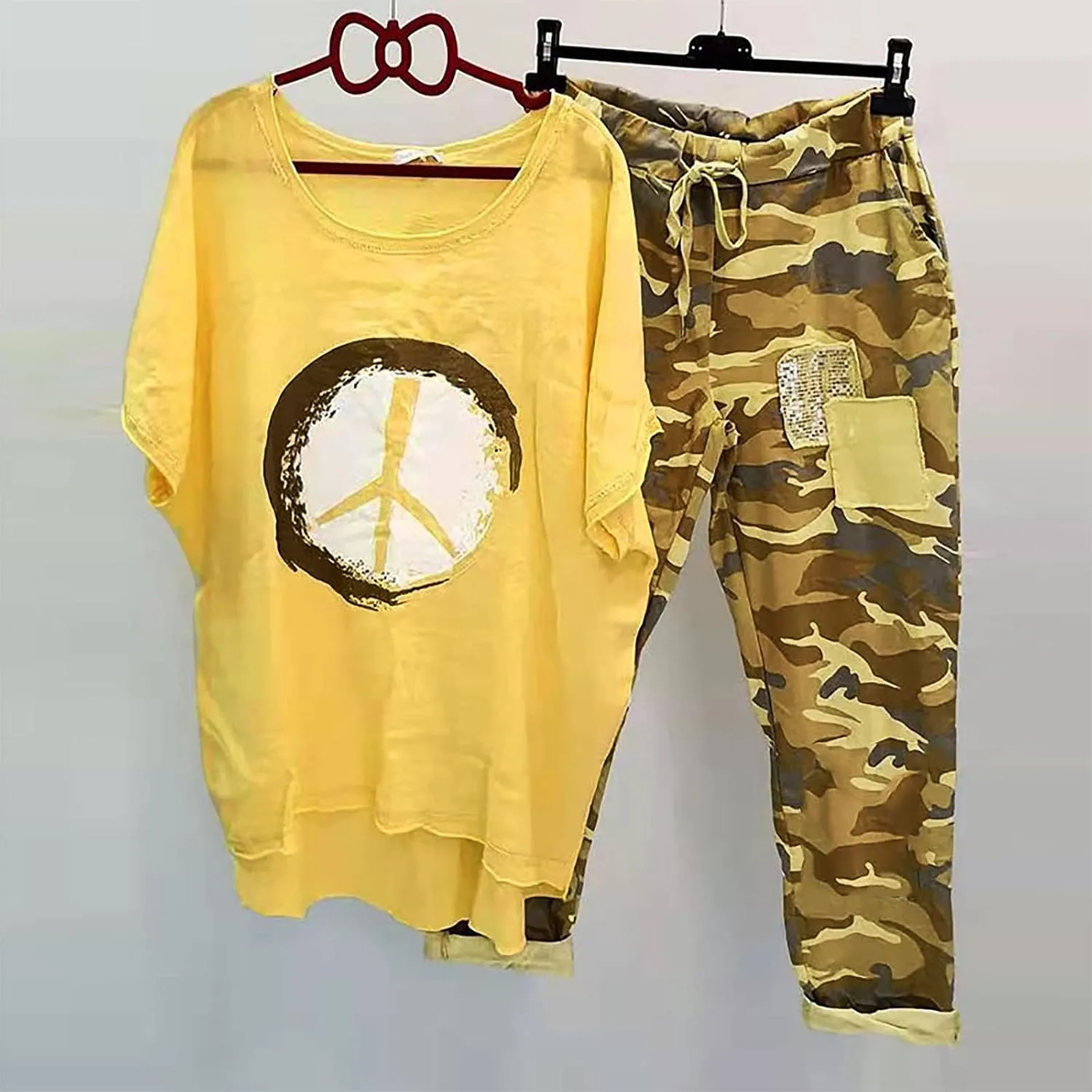 Two Piece Summer Outfits for Women Casual Cotton Linen Sets Oversized T Shirts Camo Capri Pants 2025 Resort Wear