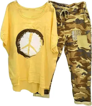 Two Piece Summer Outfits for Women Casual Cotton Linen Sets Oversized T Shirts Camo Capri Pants 2025 Resort Wear