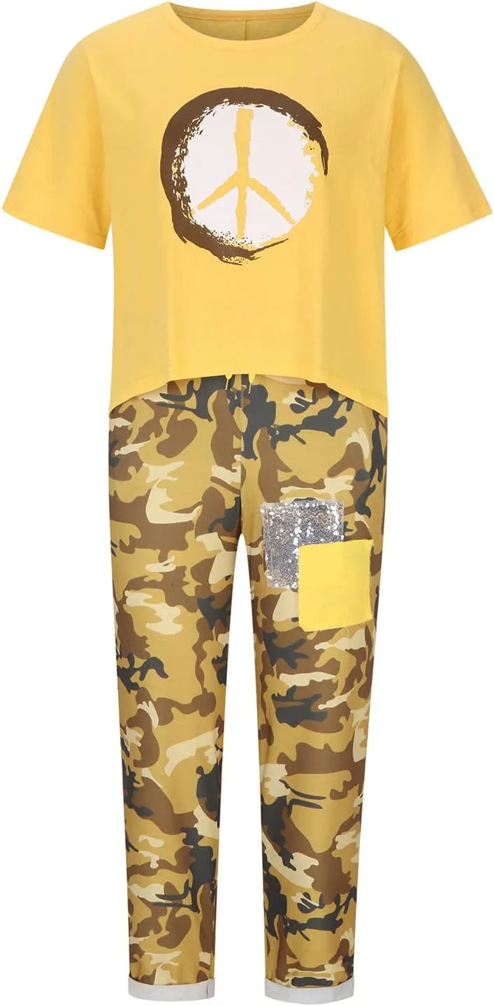 Two Piece Summer Outfits for Women Casual Cotton Linen Sets Oversized T Shirts Camo Capri Pants 2025 Resort Wear