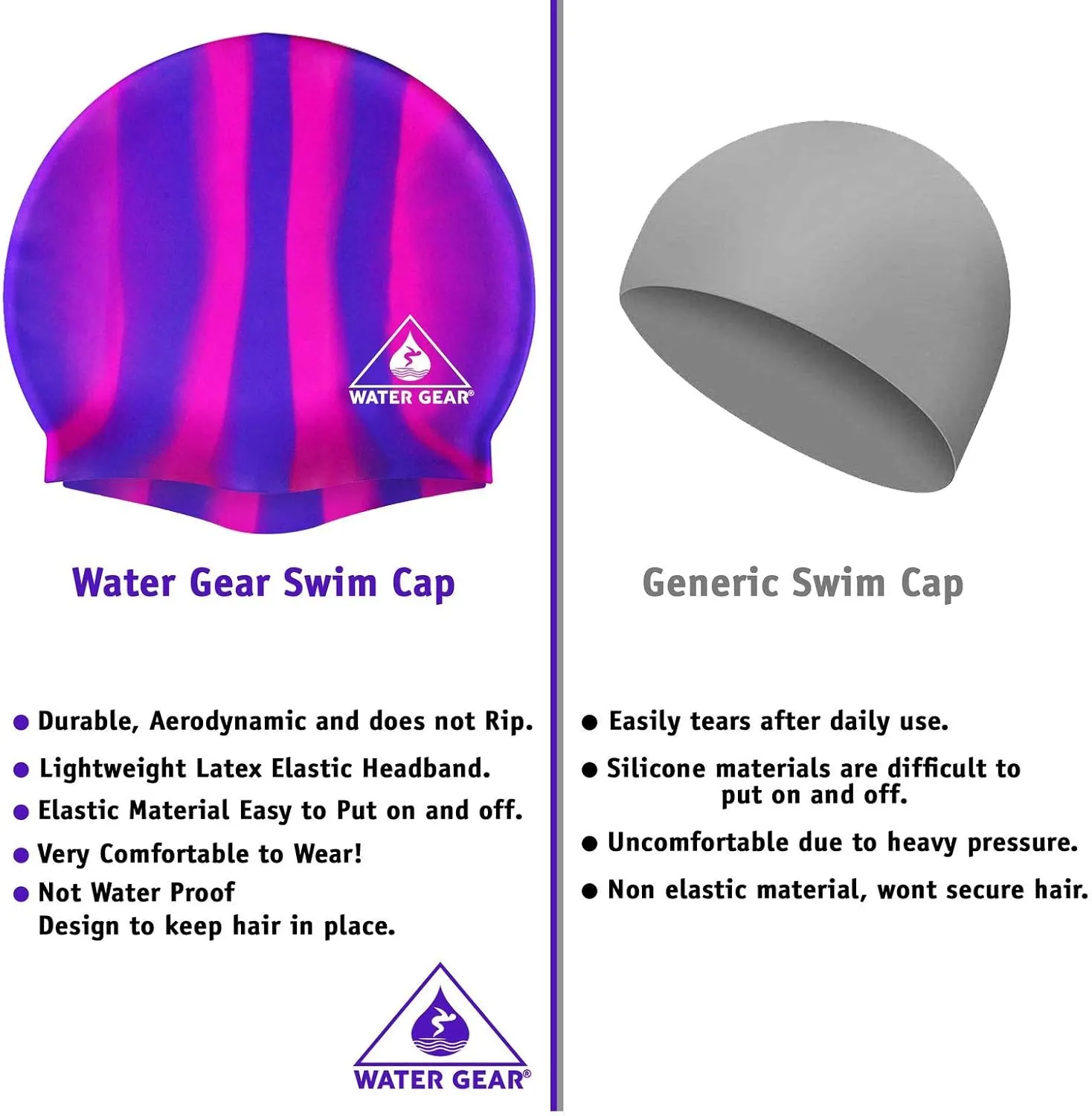 Water Gear Synthetic Fiber Swim Cap - Comfortable and Durable Swimming Cap - Keeps Short or Long Hair Dry
