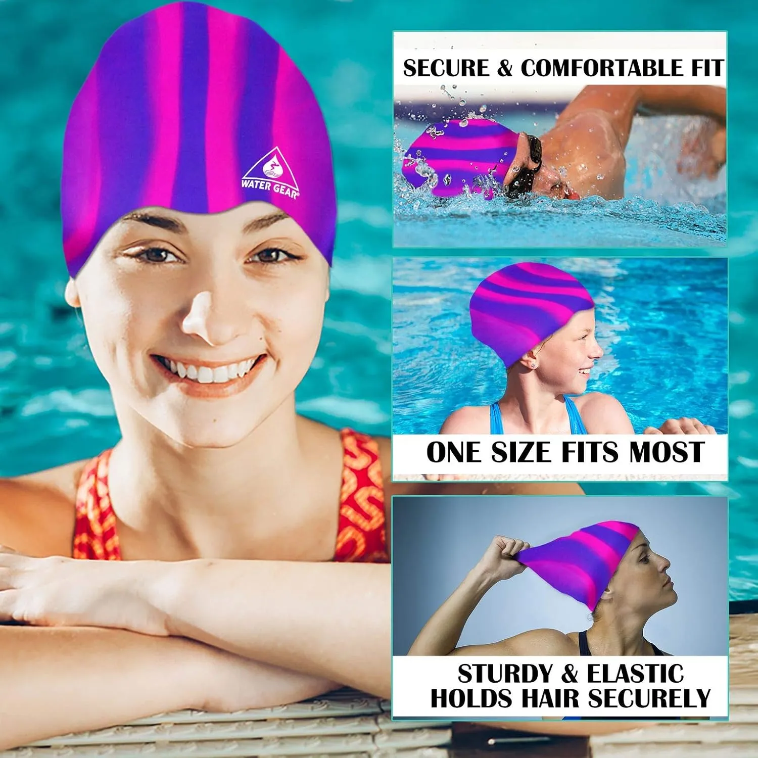 Water Gear Synthetic Fiber Swim Cap - Comfortable and Durable Swimming Cap - Keeps Short or Long Hair Dry