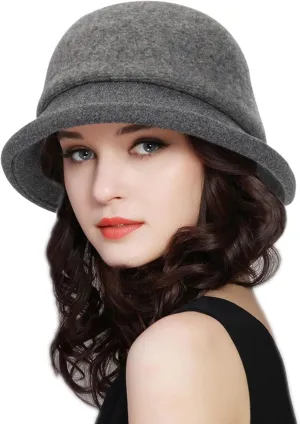 Womens 1920s Vintage Upturn Brim Wool Blend Cloche Church Hat Winter Felt Bucket Bowler Hat Crushable Foldable