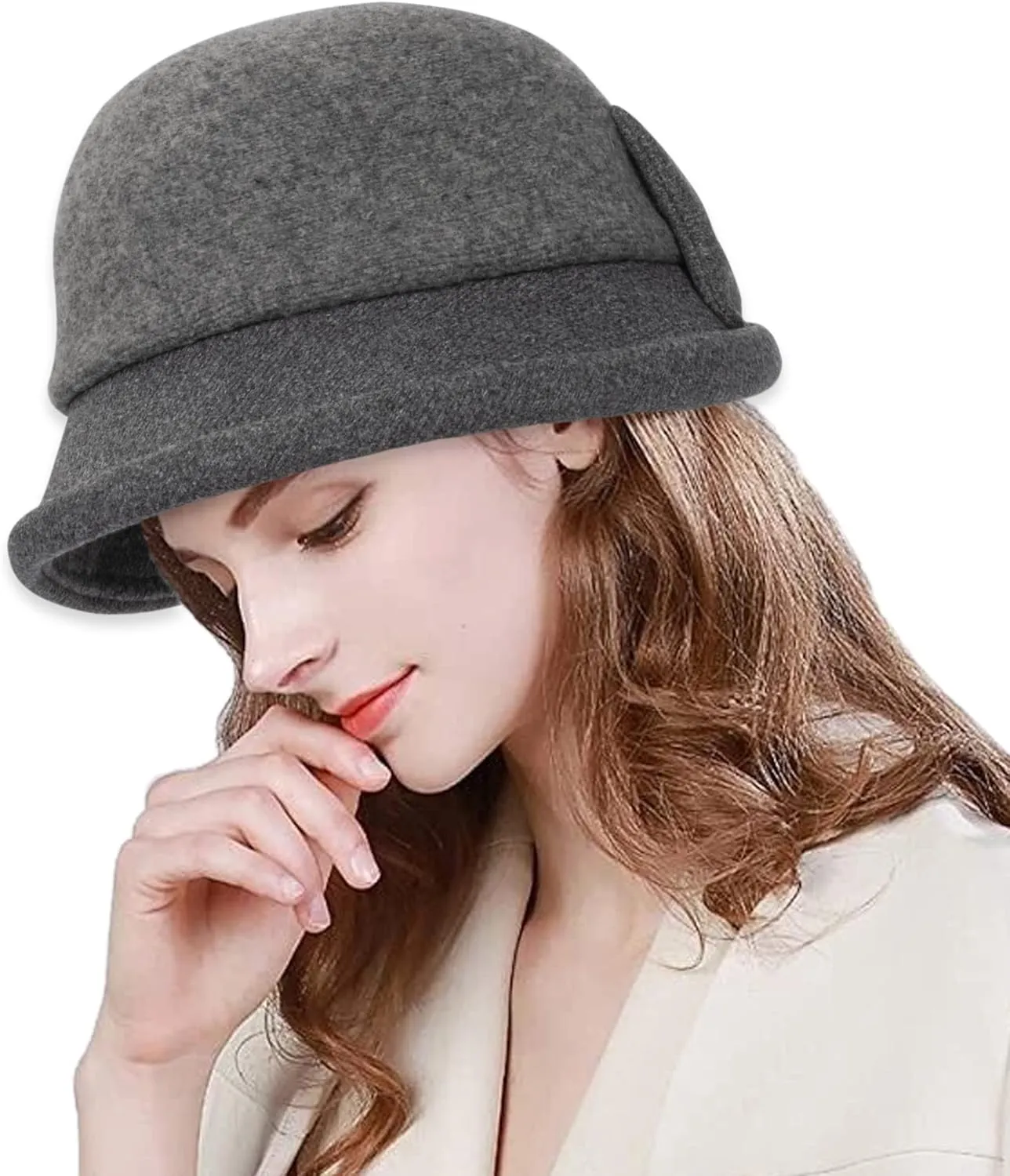 Womens 1920s Vintage Upturn Brim Wool Blend Cloche Church Hat Winter Felt Bucket Bowler Hat Crushable Foldable