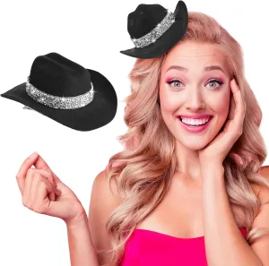 Zeyune 6 Inch Cowboy Hat Hair Clip with Rhinestones Cowgirl Mini Small Hat Clip for Disco Western Party Decoration