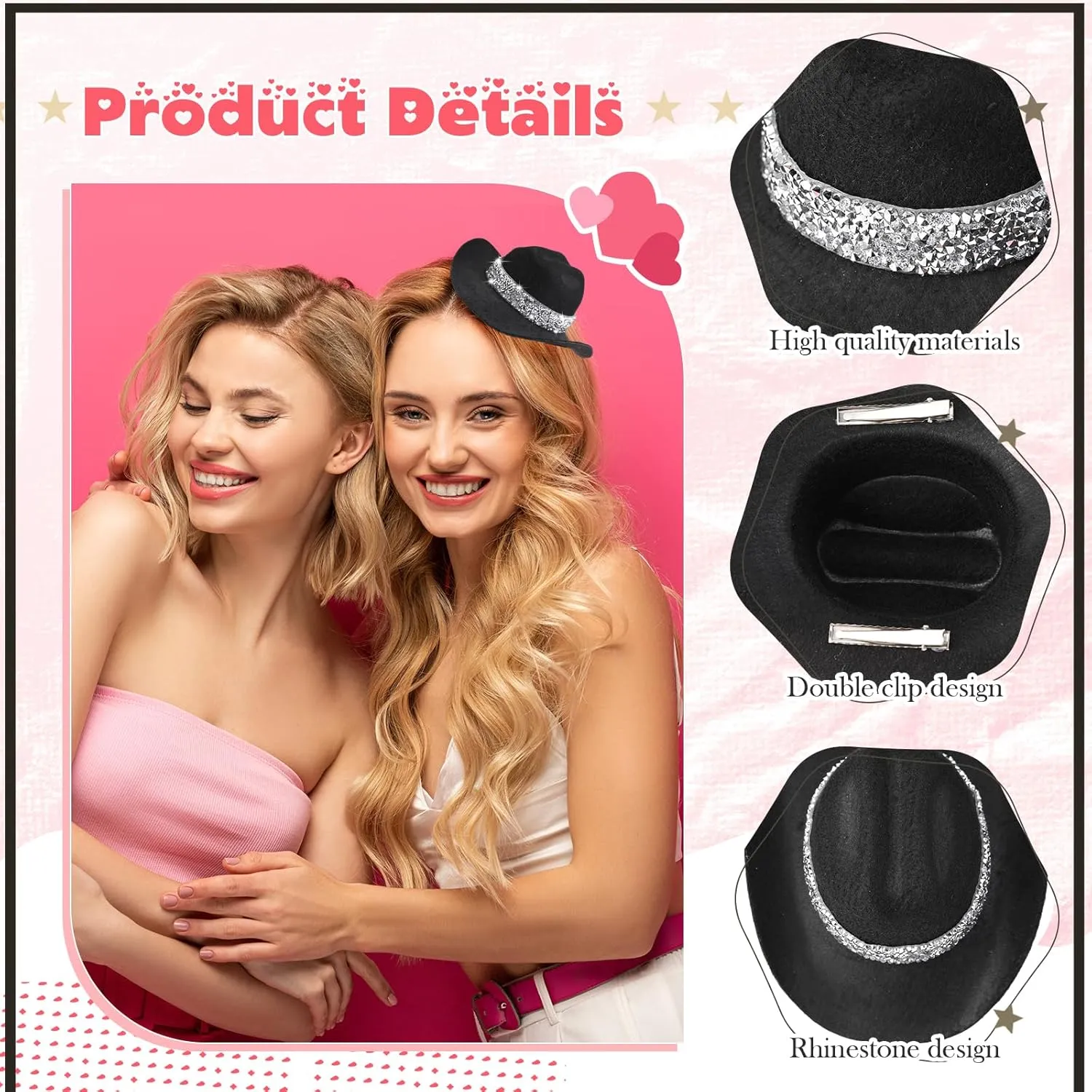 Zeyune 6 Inch Cowboy Hat Hair Clip with Rhinestones Cowgirl Mini Small Hat Clip for Disco Western Party Decoration